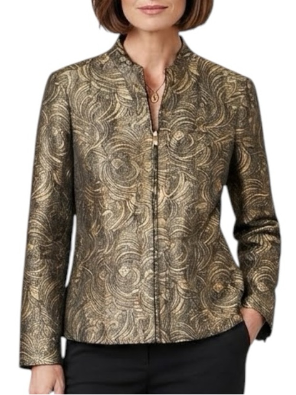 TANJAY Metallic Gold Jacquard Zip-Up Jacket Size 16